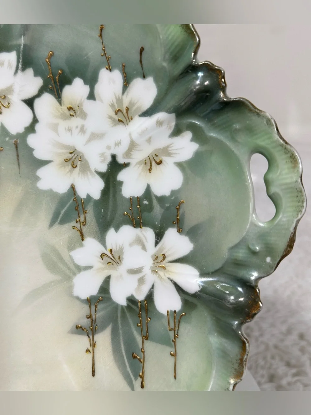 VTG RS Germany Handled Floral Serving Cake Tray Green White Gold Cherry Blossoms